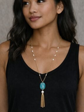 Gold Turquoise Tassel Necklace – Boho Chic Statement Piece